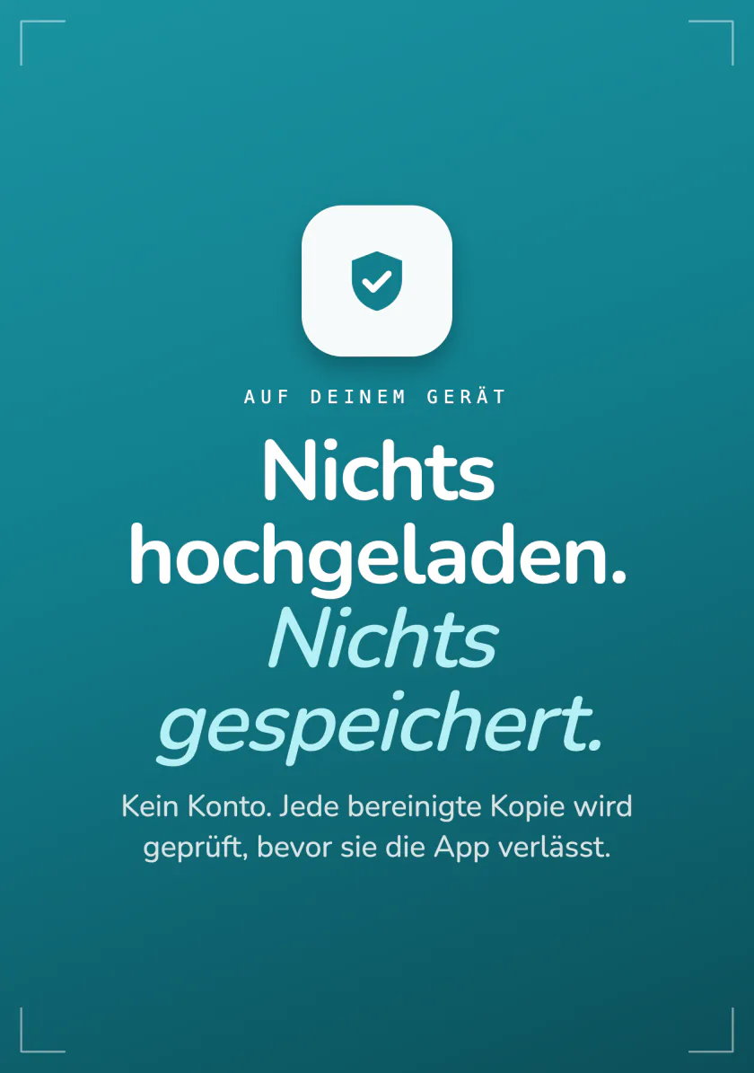 Die Datenschutzübersicht von Frost: kein Upload, nichts behalten, kein Konto, jede bereinigte Kopie geprüft
