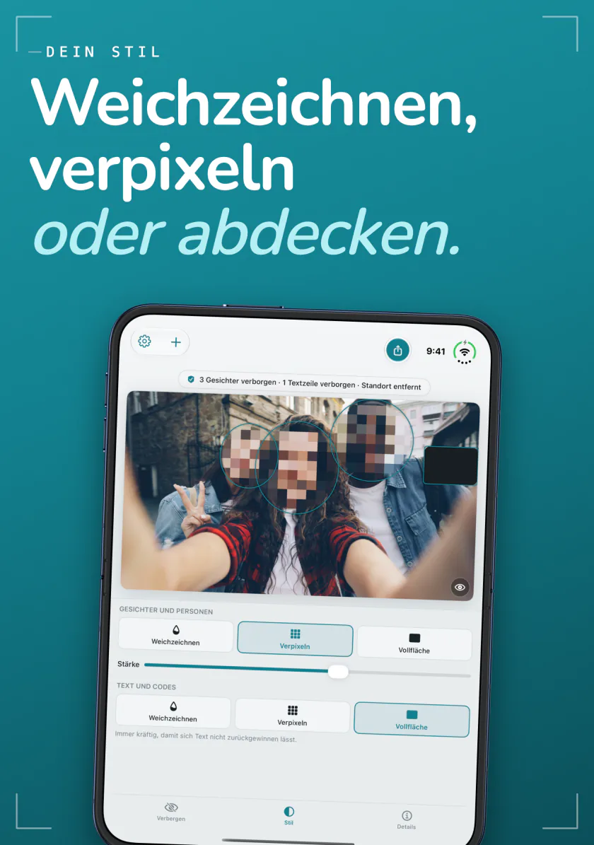Frost auf dem iPhone Duo verpixelt die Gesichter in einem Selfie, mit den Stilen Weichzeichnen, Verpixeln und Vollfläche