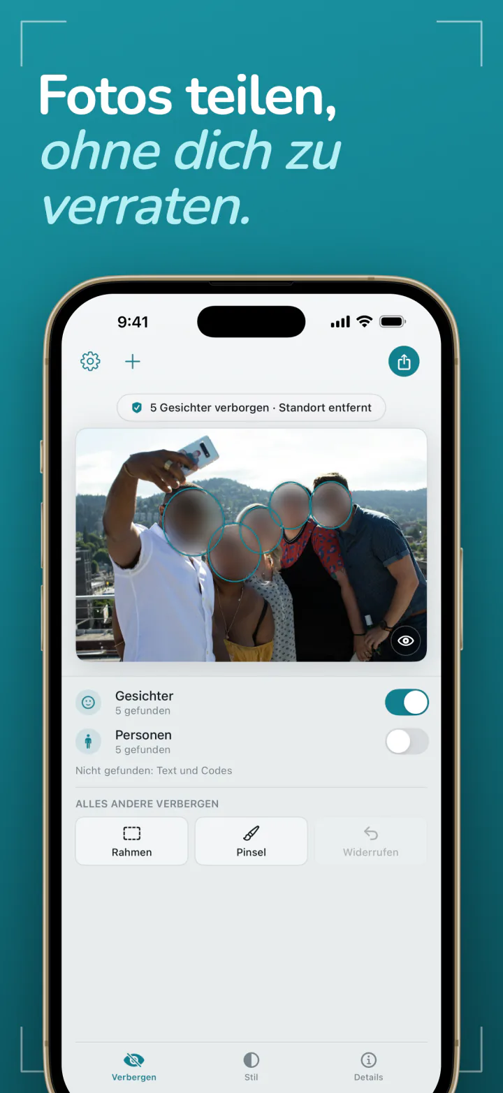 Frost auf dem iPhone mit einem Gruppenfoto, die Gesichter weichgezeichnet und der Standort entfernt