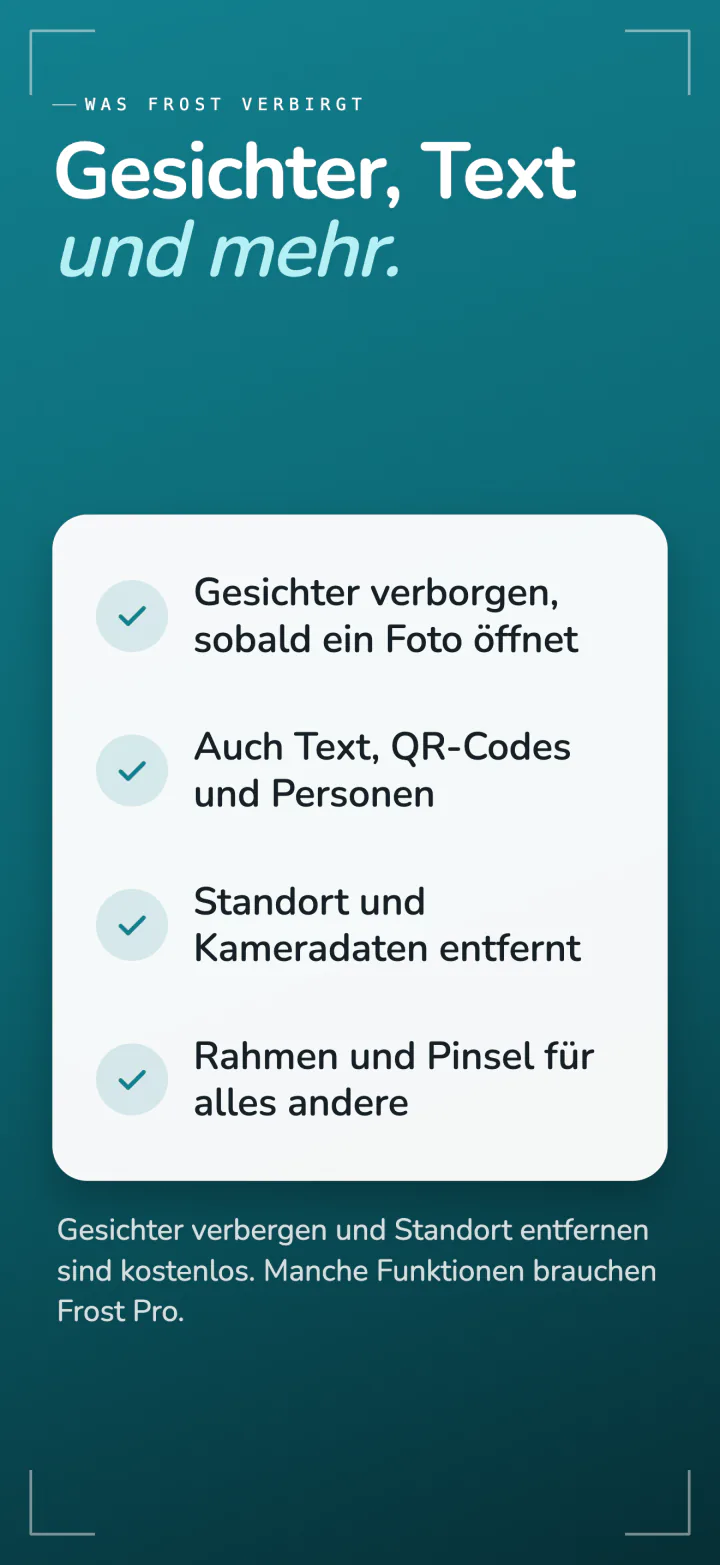 Was Frost verbirgt: Gesichter beim Öffnen, Text, QR-Codes und Personen, Standort und Kameradaten, dazu ein Rahmen und ein Pinsel für alles andere