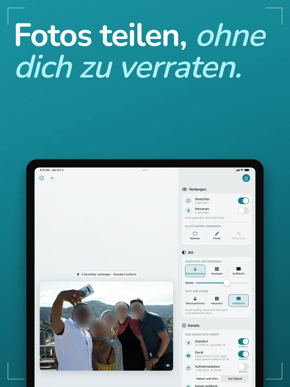 Frost auf dem iPad mit einem Gruppenselfie, die Gesichter weichgezeichnet, neben den Bereichen Verbergen, Stil und Details