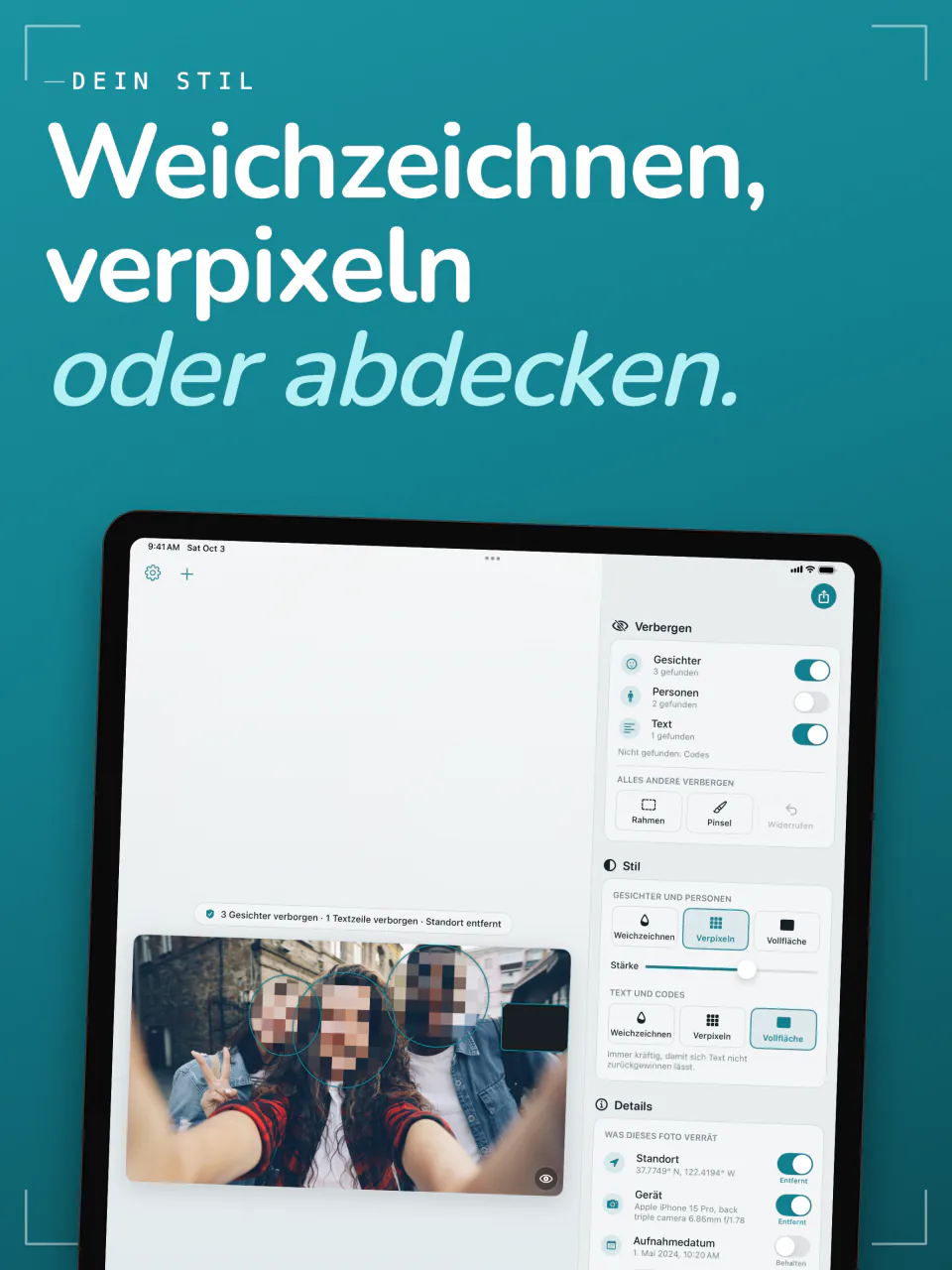 Frost auf dem iPad verpixelt die Gesichter in einem Selfie, mit den Stilen Weichzeichnen, Verpixeln und Vollfläche
