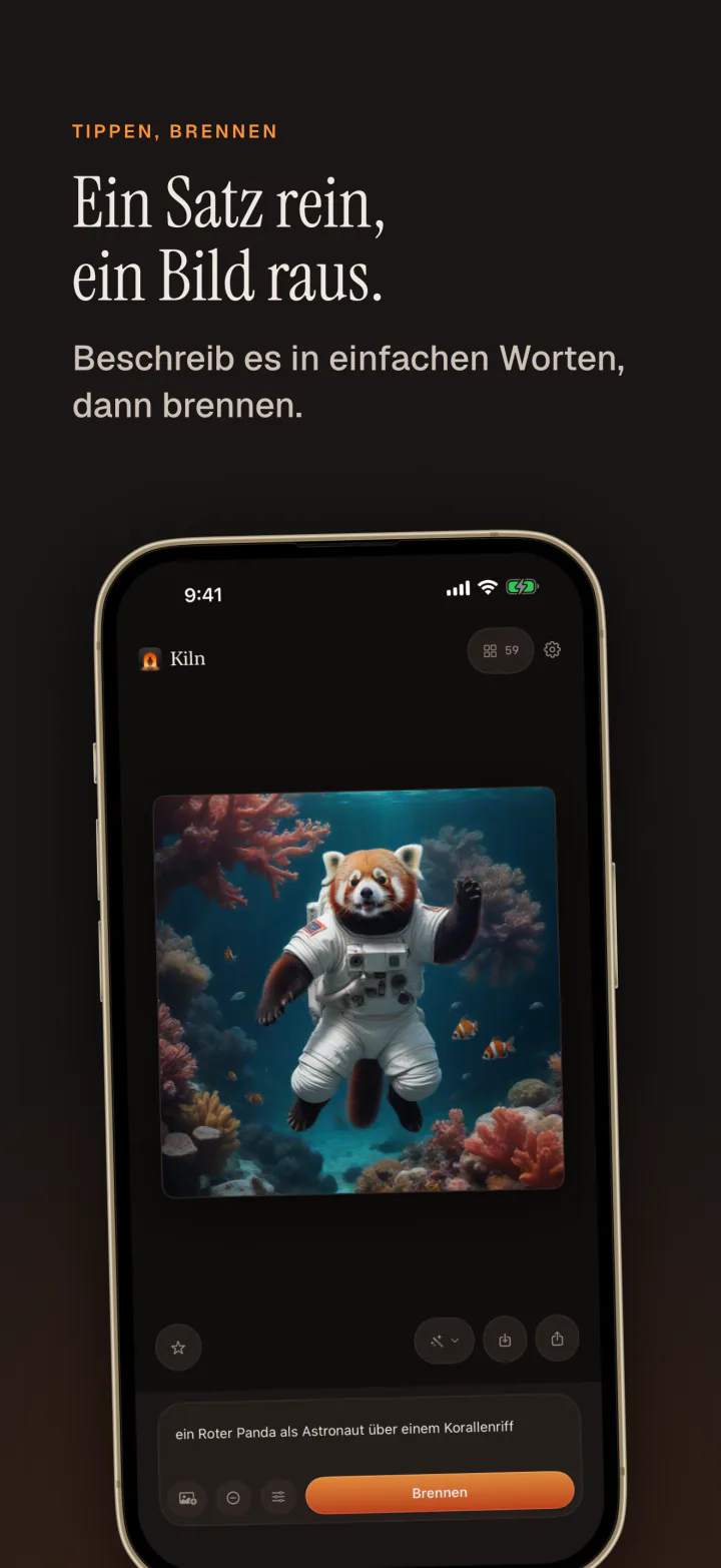 Kiln auf dem iPhone: ein Satz hinein, ein Bild heraus, hier ein Roter Panda als Astronaut