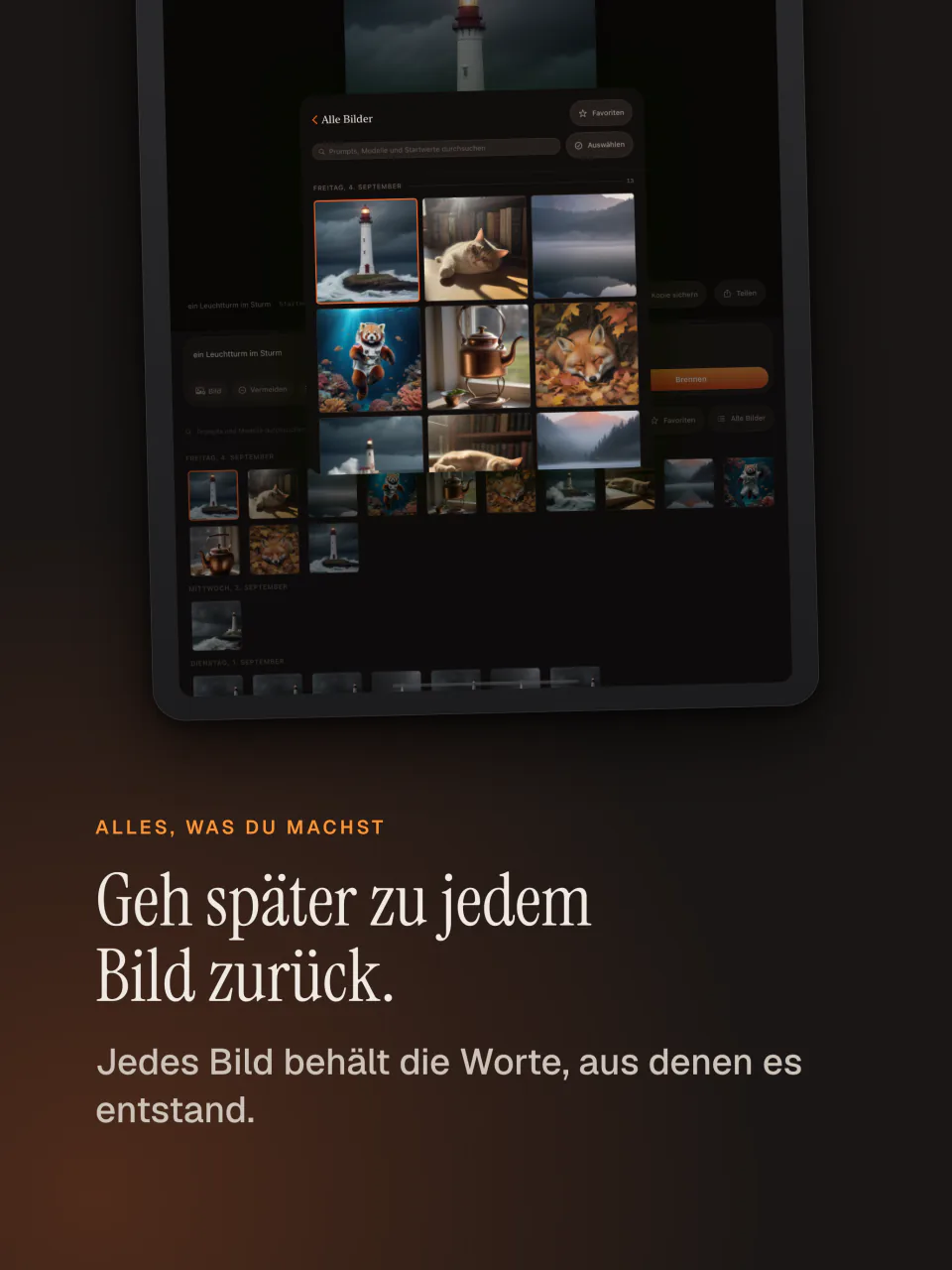 Die Galerie von Kiln auf dem iPad mit allen erzeugten Bildern