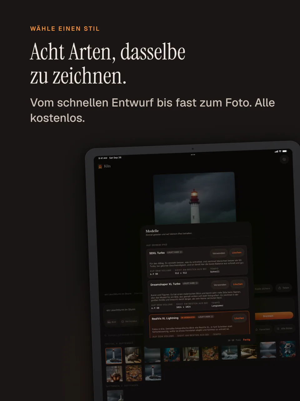 Die Modellliste von Kiln auf dem iPad mit acht kostenlosen Modellen
