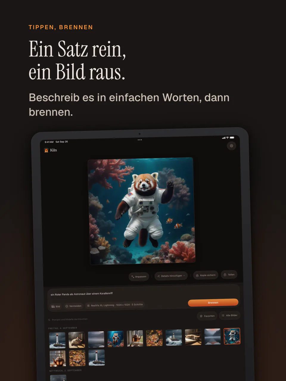 Kiln auf dem iPad: ein Satz hinein, ein Bild heraus, hier ein Roter Panda als Astronaut