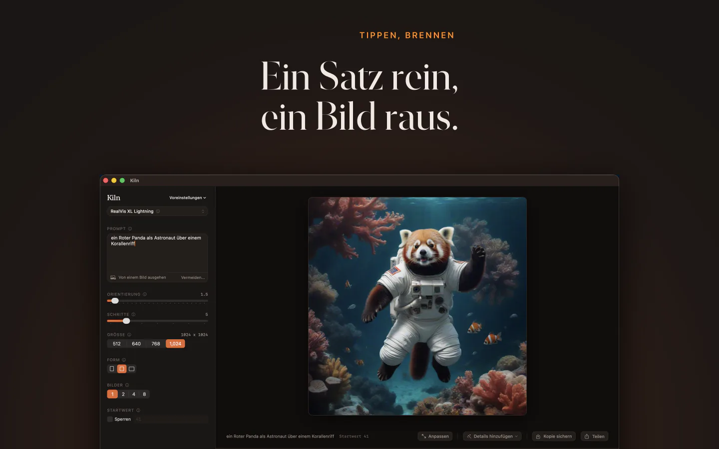 Kiln auf dem Mac: ein Satz hinein, ein Bild heraus