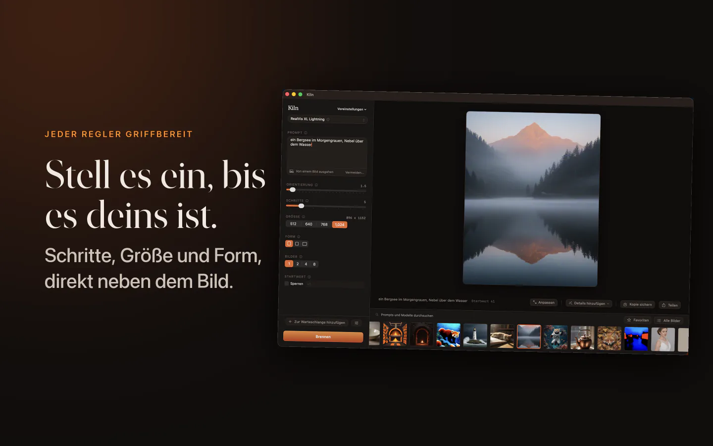 Kiln auf dem Mac: die Regler für Schritte, Größe und Form
