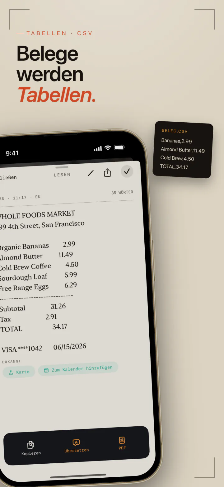 Ein Kassenbon aus dem Supermarkt, von LiveScan aufgenommen und als Zeilen und Spalten für einen CSV-Export nachgebaut