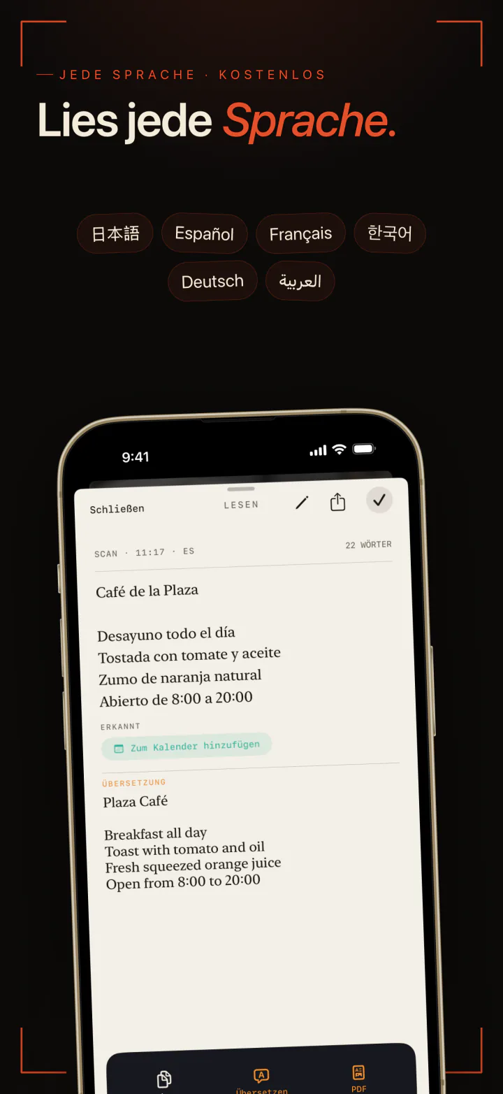 LiveScan liest eine spanische Café-Karte, mit Japanisch, Spanisch, Französisch, Koreanisch, Deutsch und Arabisch unter seinen Sprachen