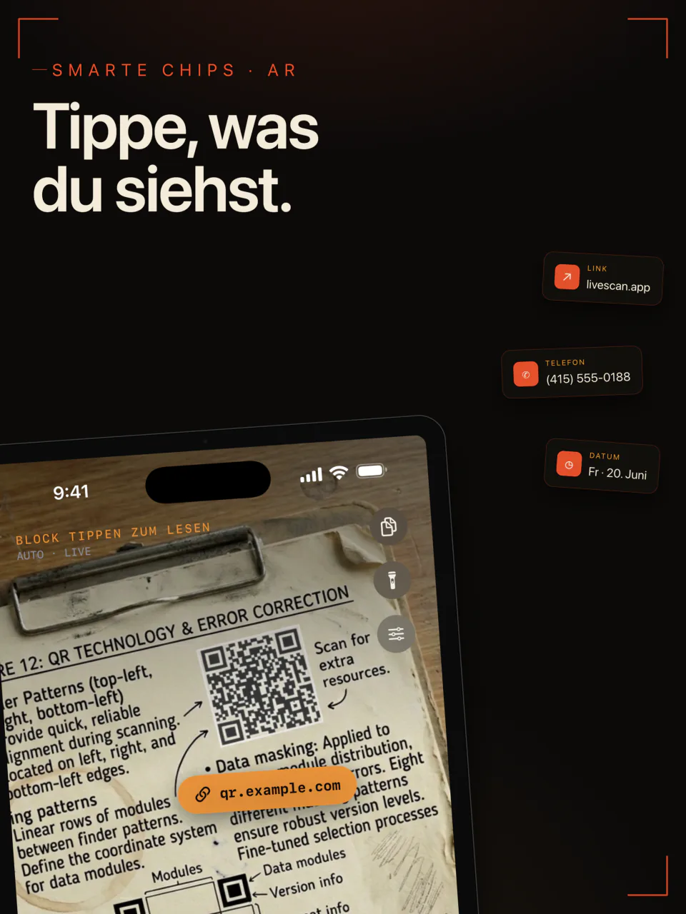 LiveScan auf dem iPad liest einen QR-Code und eine gedruckte Seite, mit Knöpfen für einen Link, eine Telefonnummer und ein Datum