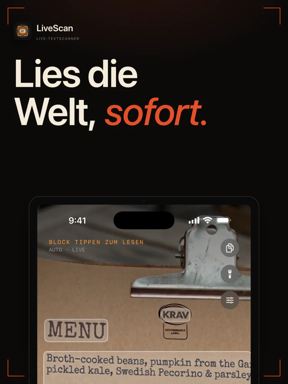 LiveScan auf dem iPad liest den Text einer gedruckten Speisekarte live im Sucher