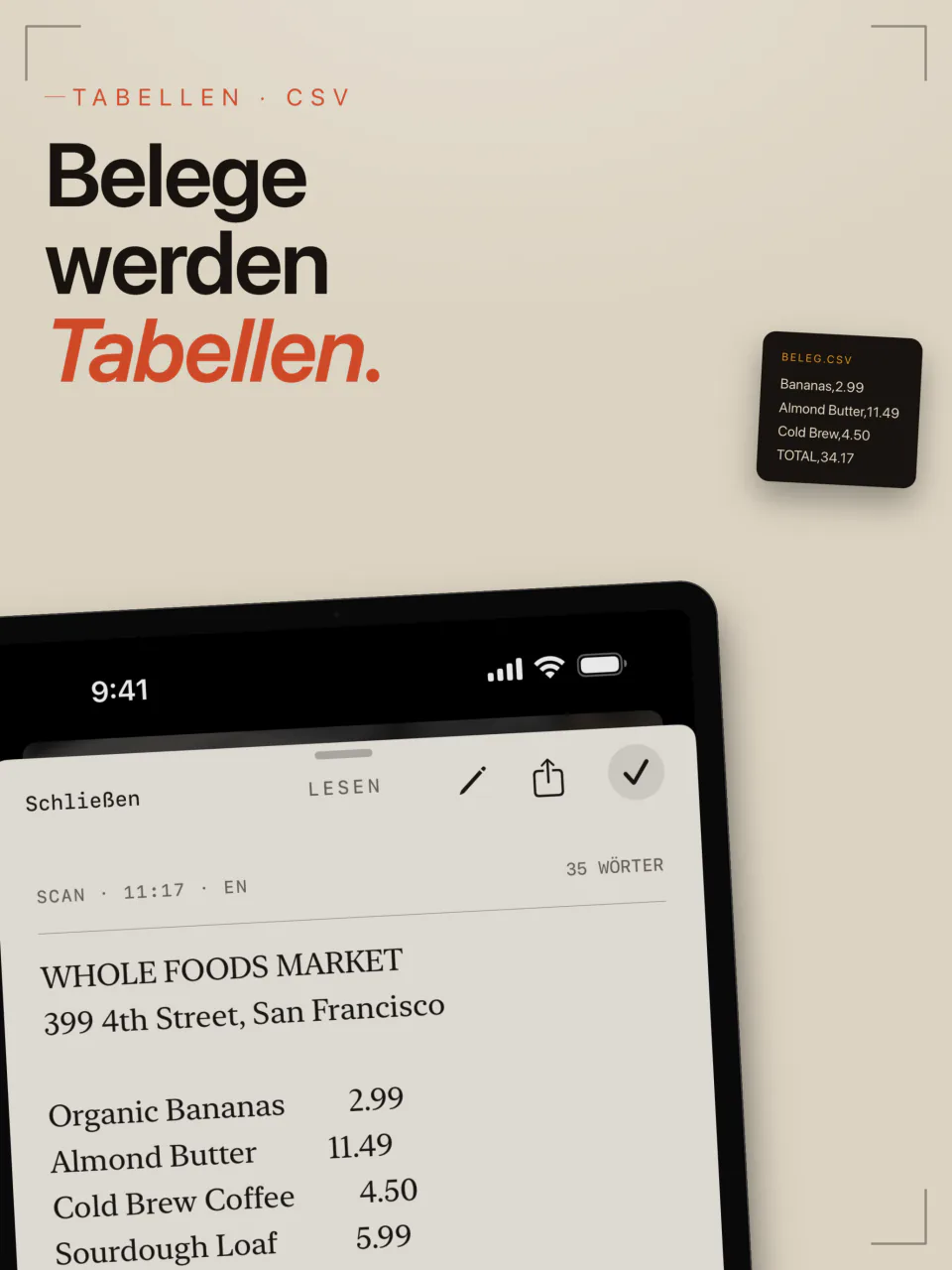 Ein Kassenbon aus dem Supermarkt, von LiveScan auf dem iPad aufgenommen und als Zeilen und Spalten für einen CSV-Export nachgebaut