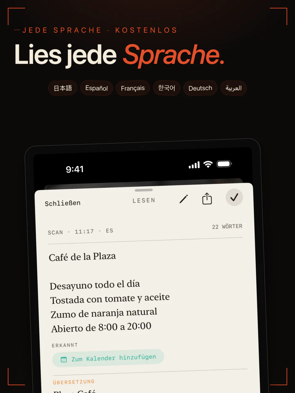 LiveScan auf dem iPad liest eine spanische Café-Karte, mit Japanisch, Spanisch, Französisch, Koreanisch, Deutsch und Arabisch unter seinen Sprachen