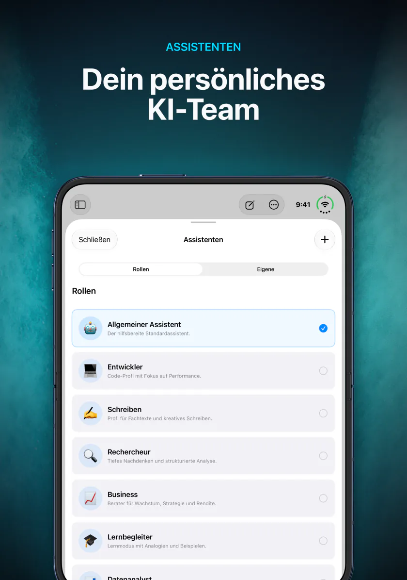 Auswahl eines Assistenten wie Allgemein, Entwickler, Schreiben oder Recherche in LocalMind AI auf dem iPhone Duo