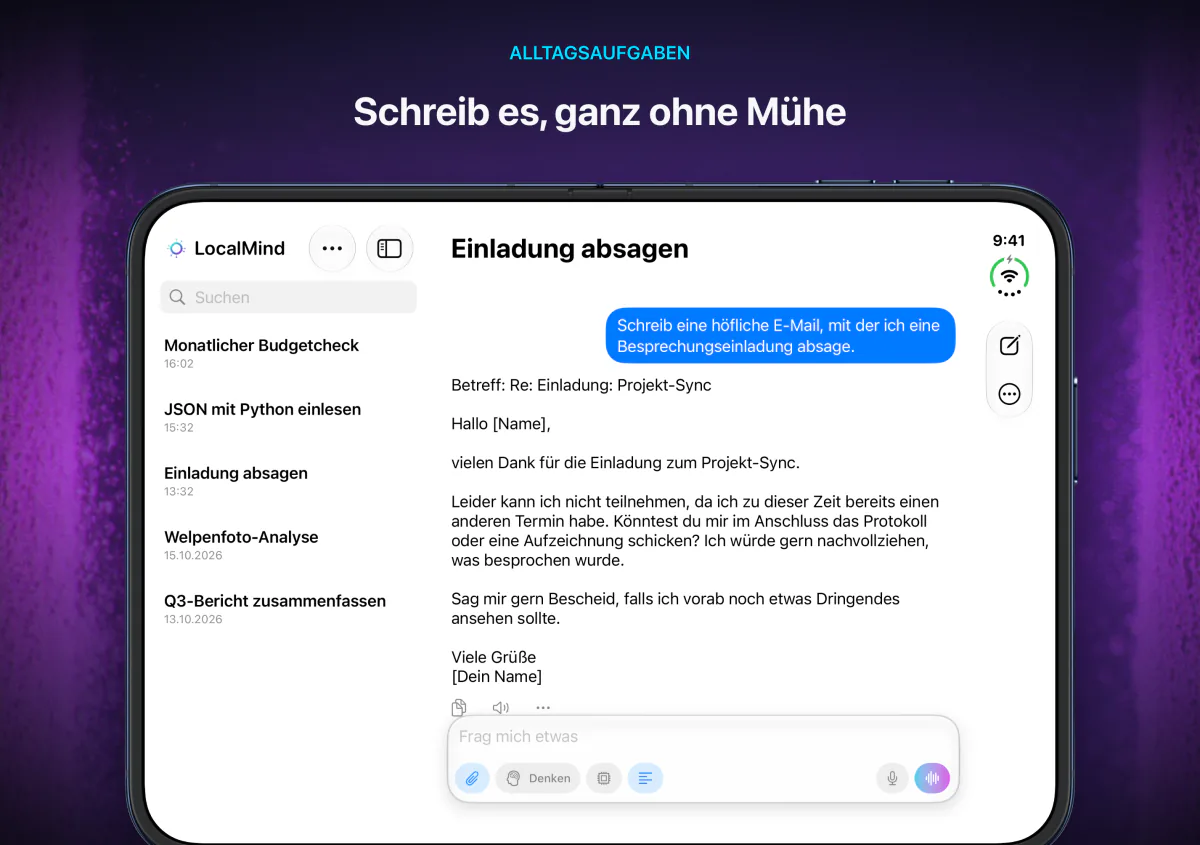 LocalMind AI auf dem quer gehaltenen iPhone Duo, mit der Chatliste neben einer entworfenen Absage für eine Besprechung