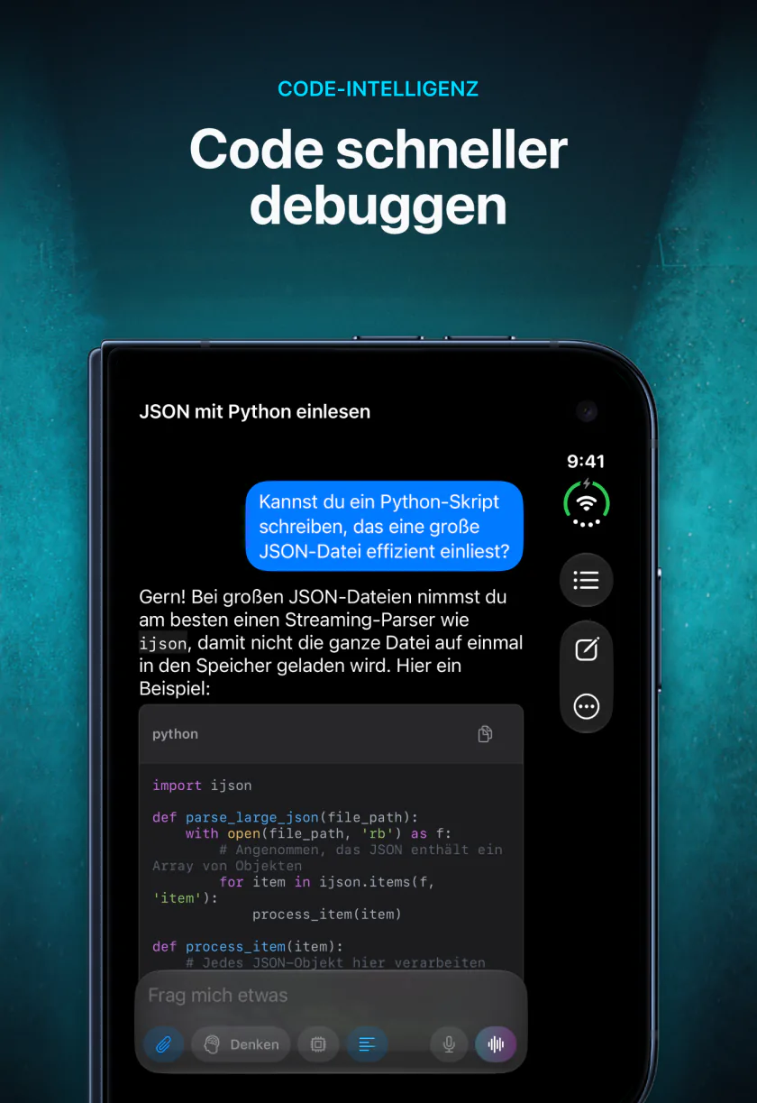LocalMind AI auf dem äußeren Bildschirm des iPhone Duo schreibt Python-Code zum Einlesen einer großen JSON-Datei