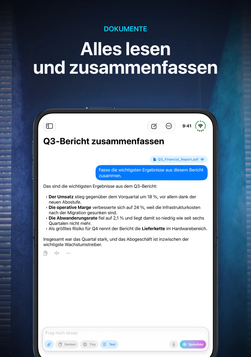 LocalMind AI auf dem iPhone Duo fasst die wichtigsten Ergebnisse eines Quartalsberichts auf dem Gerät zusammen