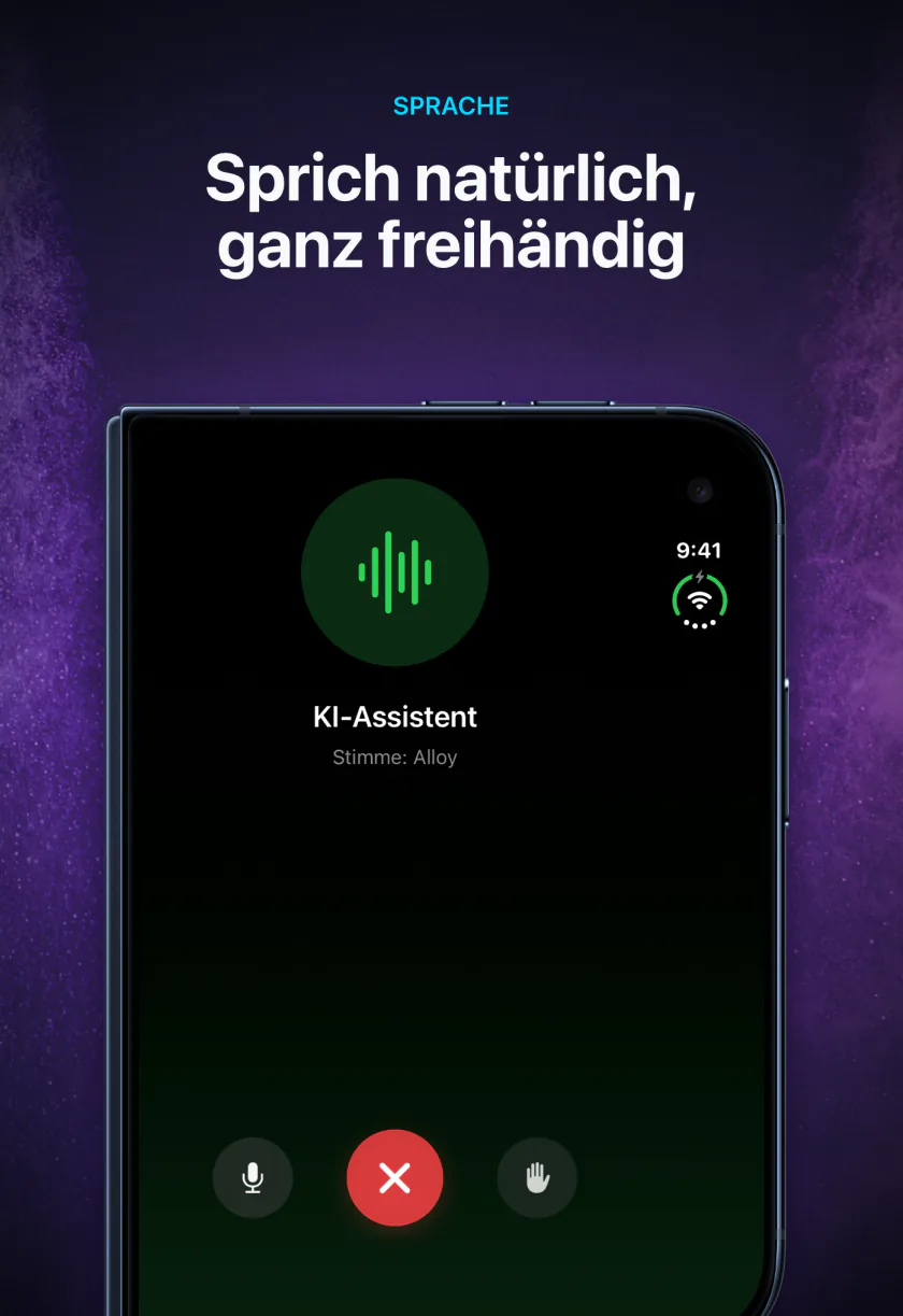 Ein freihändiges Sprachgespräch mit einer Offline-KI in LocalMind AI auf dem äußeren Bildschirm des iPhone Duo