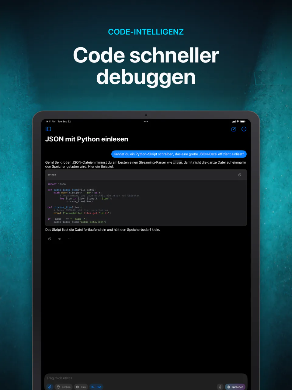 LocalMind AI schreibt farbig hervorgehobenen Code mit einem lokalen KI-Modell