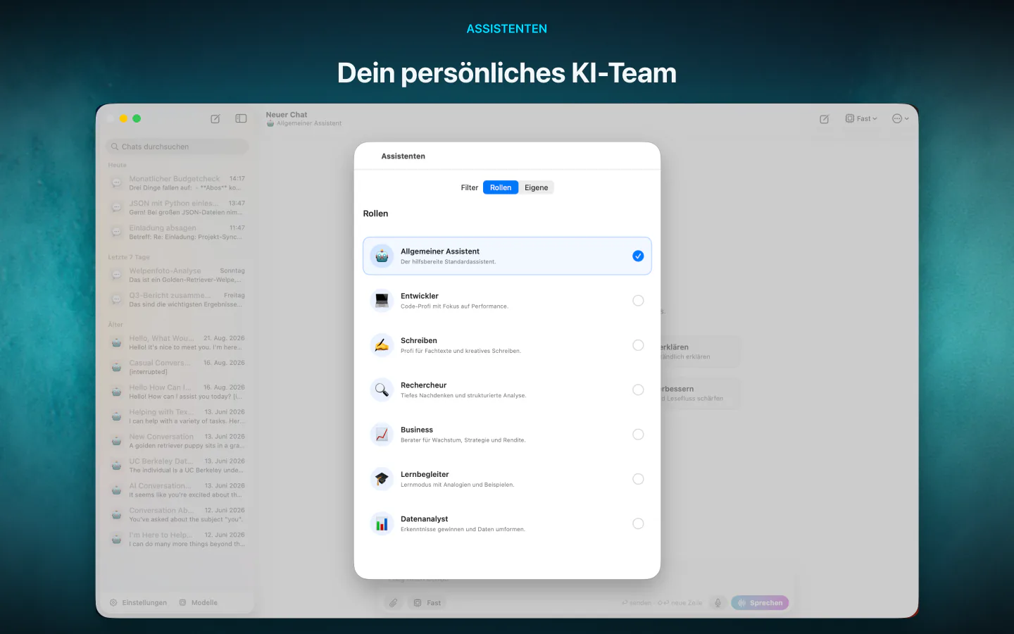 Auswahl eines Assistenten wie Allgemein, Entwickler, Schreiben oder Recherche in LocalMind AI auf dem Mac