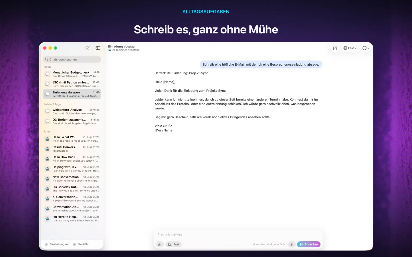 LocalMind AI auf dem Mac entwirft eine höfliche Absage für eine Besprechung, daneben die Chatliste