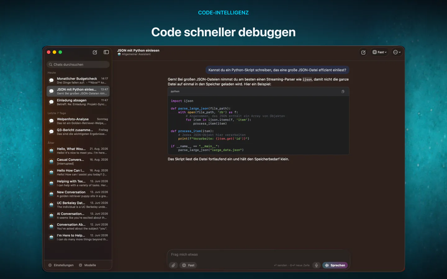 LocalMind AI auf dem Mac schreibt Python-Code zum Einlesen einer großen JSON-Datei
