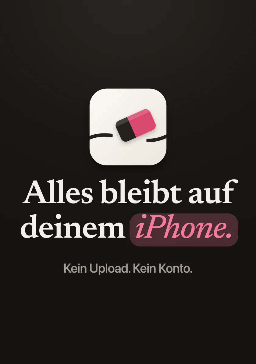 Das App-Symbol von Mend mit den Worten: Alles bleibt auf deinem iPhone, kein Upload, kein Konto