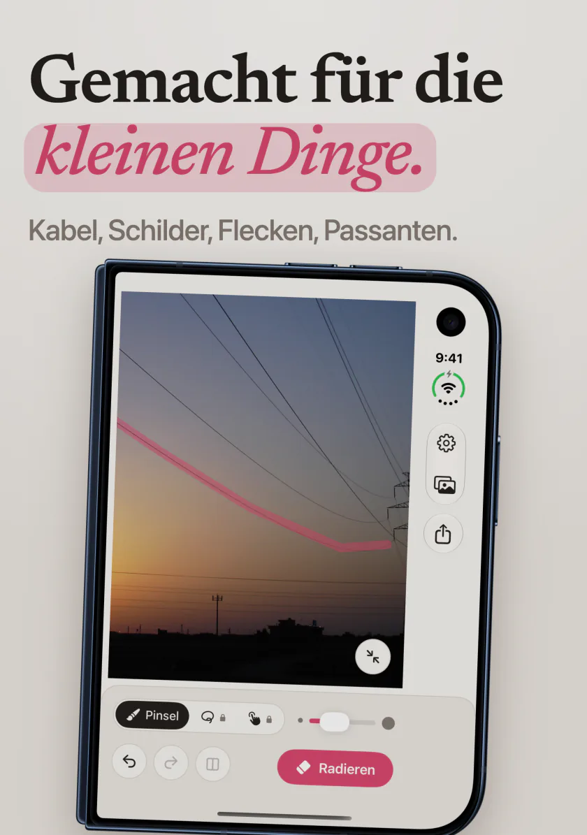 Mend auf dem iPhone Duo mit einem pinken Strich entlang einer Stromleitung vor dem Abendhimmel