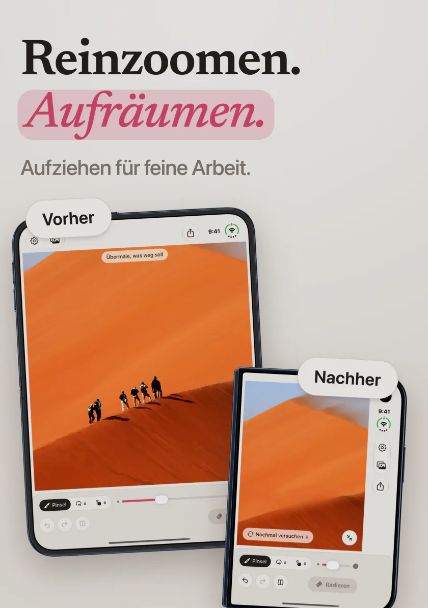 Ein Foto von Wanderern auf einer orangefarbenen Düne, vor und nach dem Radieren mit Mend auf dem iPhone Duo