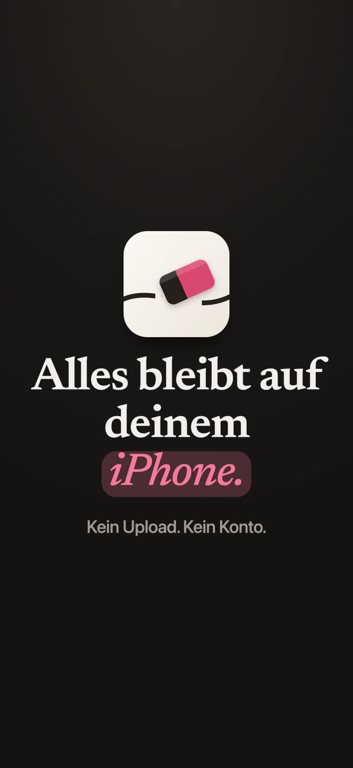 Das App-Symbol von Mend mit den Worten: Alles bleibt auf deinem iPhone, kein Upload, kein Konto