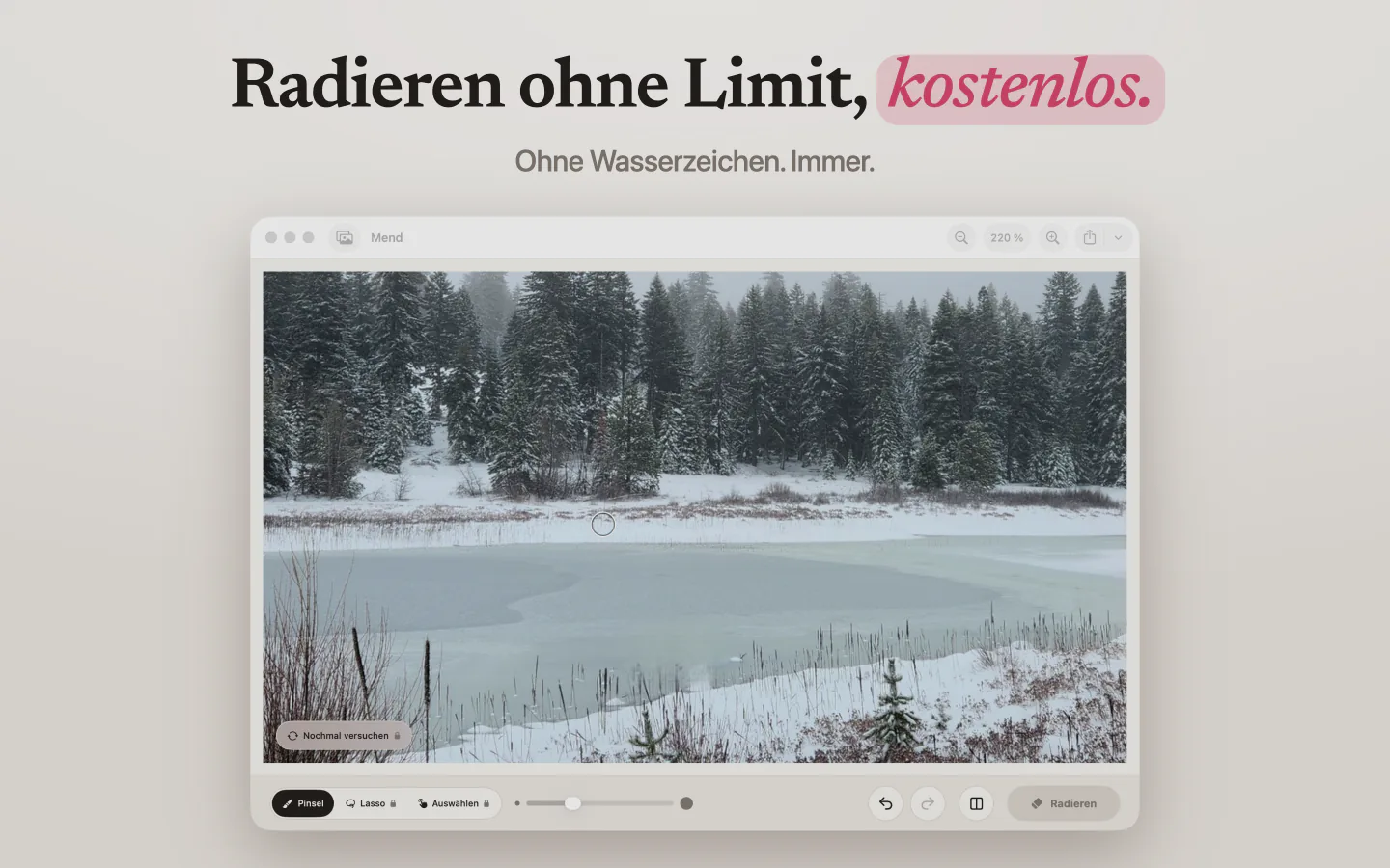 Mend auf dem Mac mit einem verschneiten See, ohne Wasserzeichen auf dem Ergebnis
