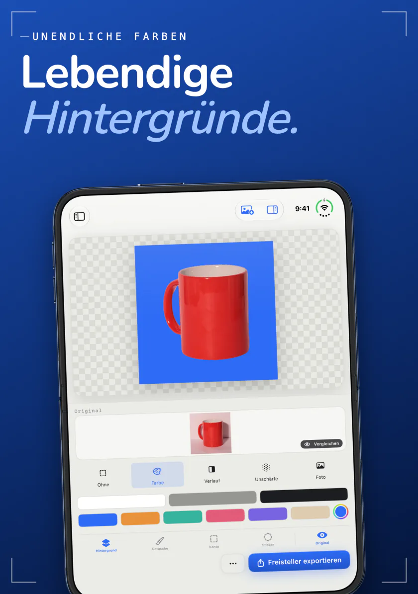 Sweep auf dem iPhone setzt eine rote Tasse auf einen blauen Hintergrund, darunter eine Reihe Farbfelder