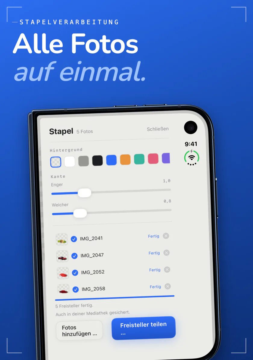 Stapelverarbeitung in Sweep auf dem iPhone mit fünf Fotos, die in einem Durchgang freigestellt wurden