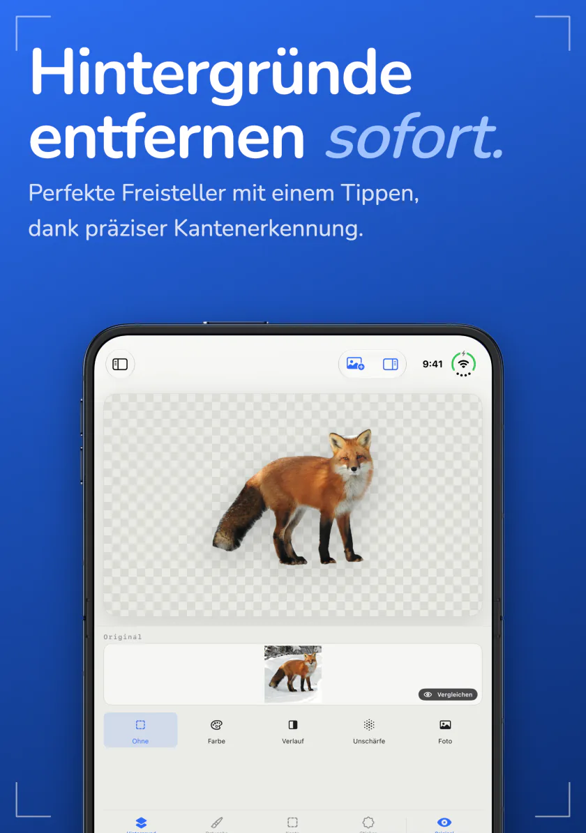Sweep auf dem iPhone zeigt einen freigestellten Fuchs auf transparentem Hintergrund