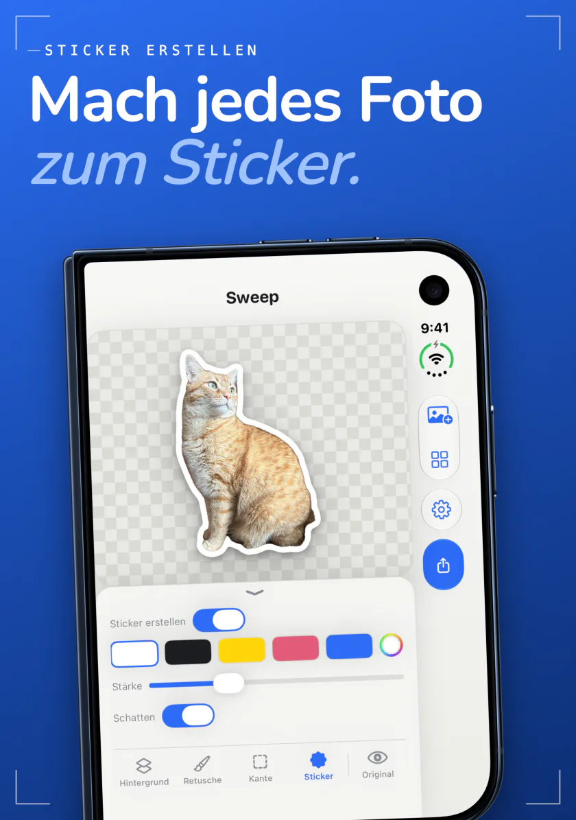 Die Stickerfunktion von Sweep auf dem iPhone macht aus einer Katze einen Sticker mit weißem Umriss