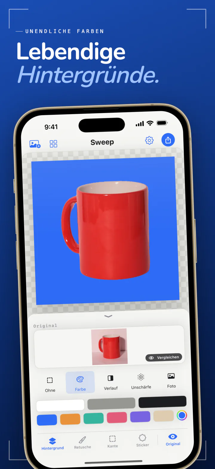 Sweep auf dem iPhone setzt eine rote Tasse auf einen blauen Hintergrund, darunter eine Reihe Farbfelder