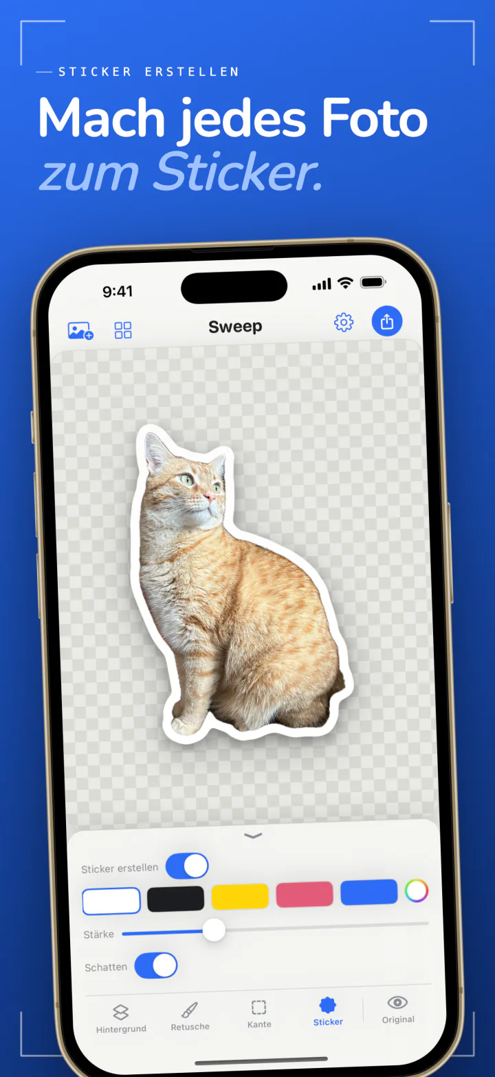 Die Stickerfunktion von Sweep auf dem iPhone macht aus einer Katze einen Sticker mit weißem Umriss