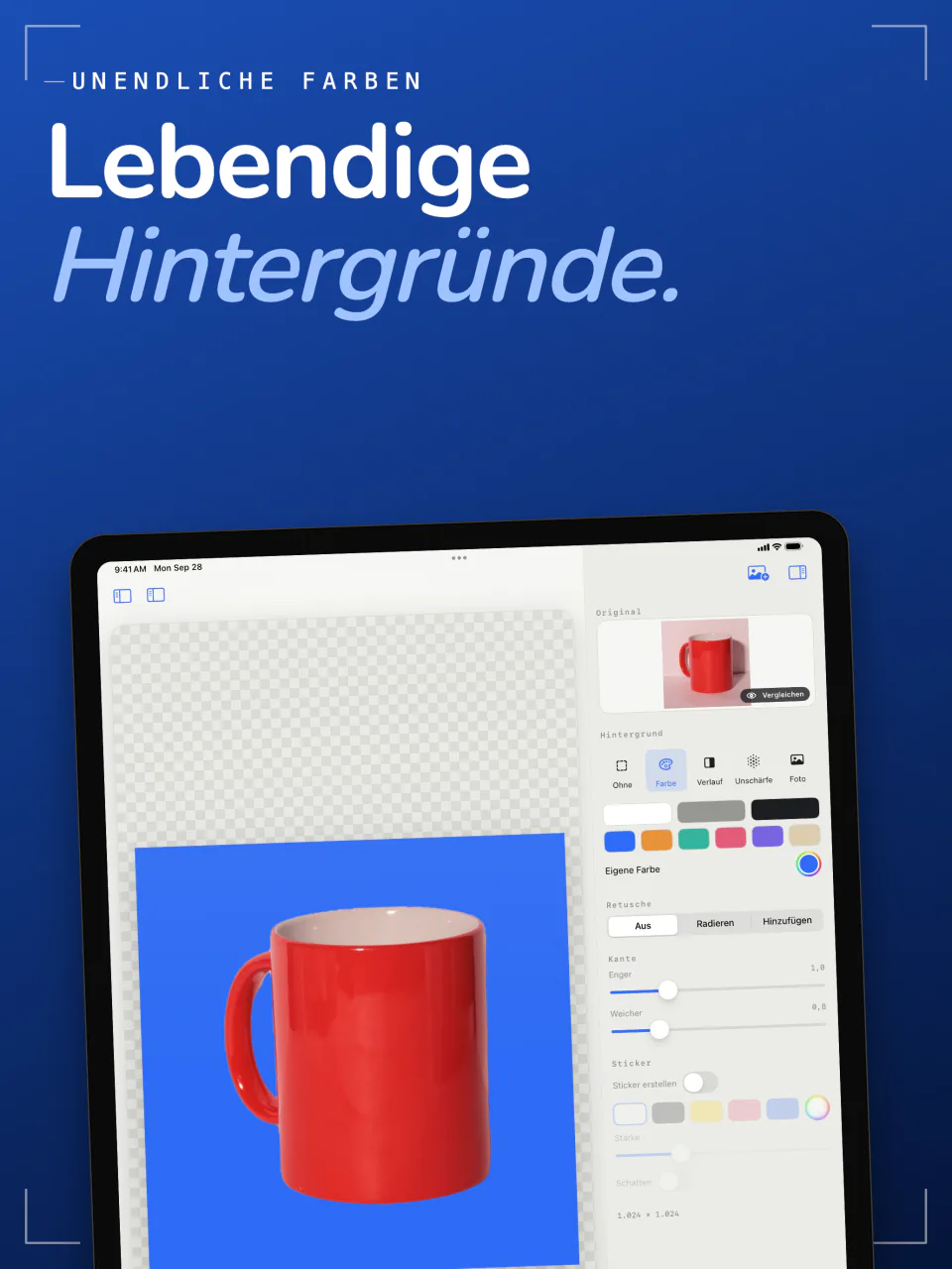Sweep auf dem iPad setzt eine rote Tasse auf einen blauen Hintergrund, darunter eine Reihe Farbfelder