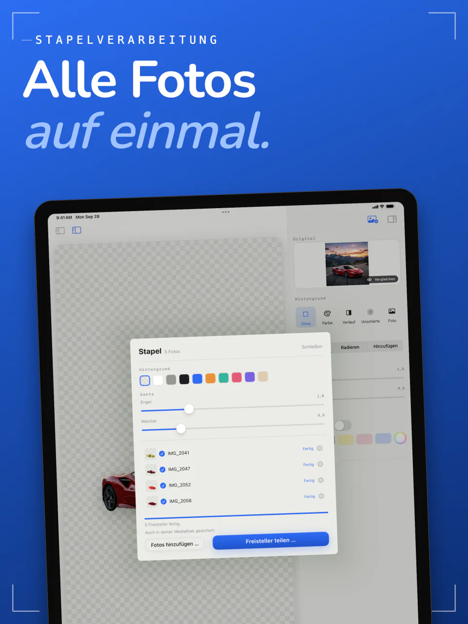 Stapelverarbeitung in Sweep auf dem iPad mit fünf Fotos, die in einem Durchgang freigestellt wurden