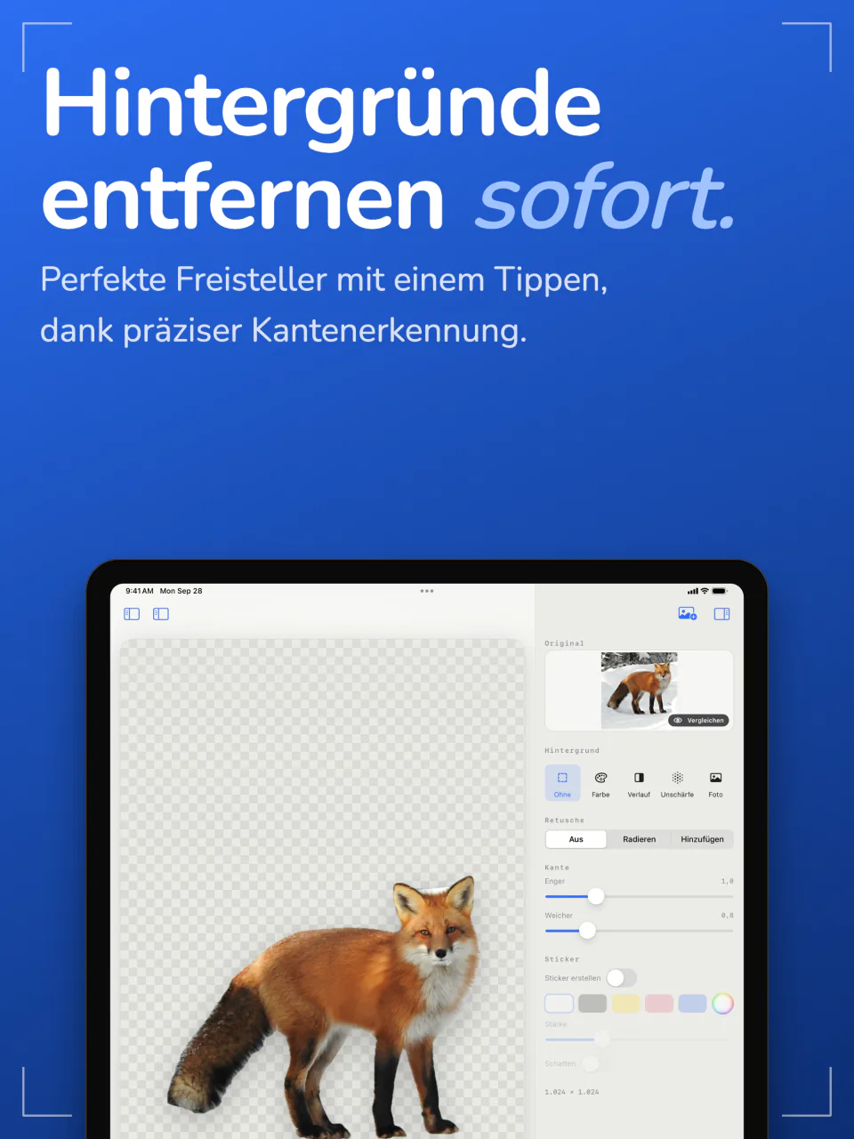 Sweep auf dem iPad zeigt einen freigestellten Fuchs auf transparentem Hintergrund