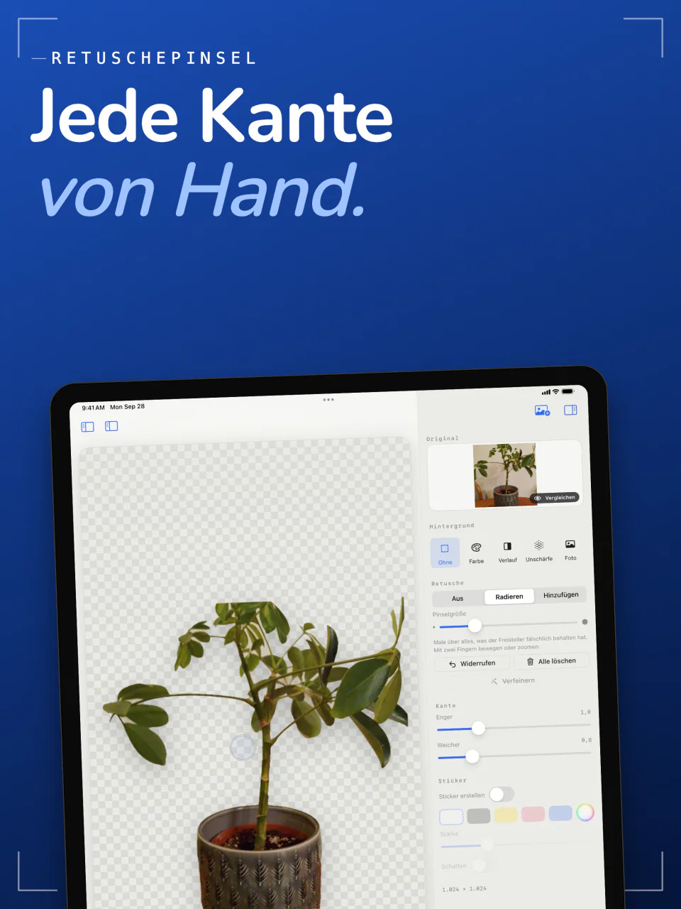 Der Retuschepinsel von Sweep auf dem iPad mit den Modi Radieren und Hinzufügen an der Kante einer Topfpflanze