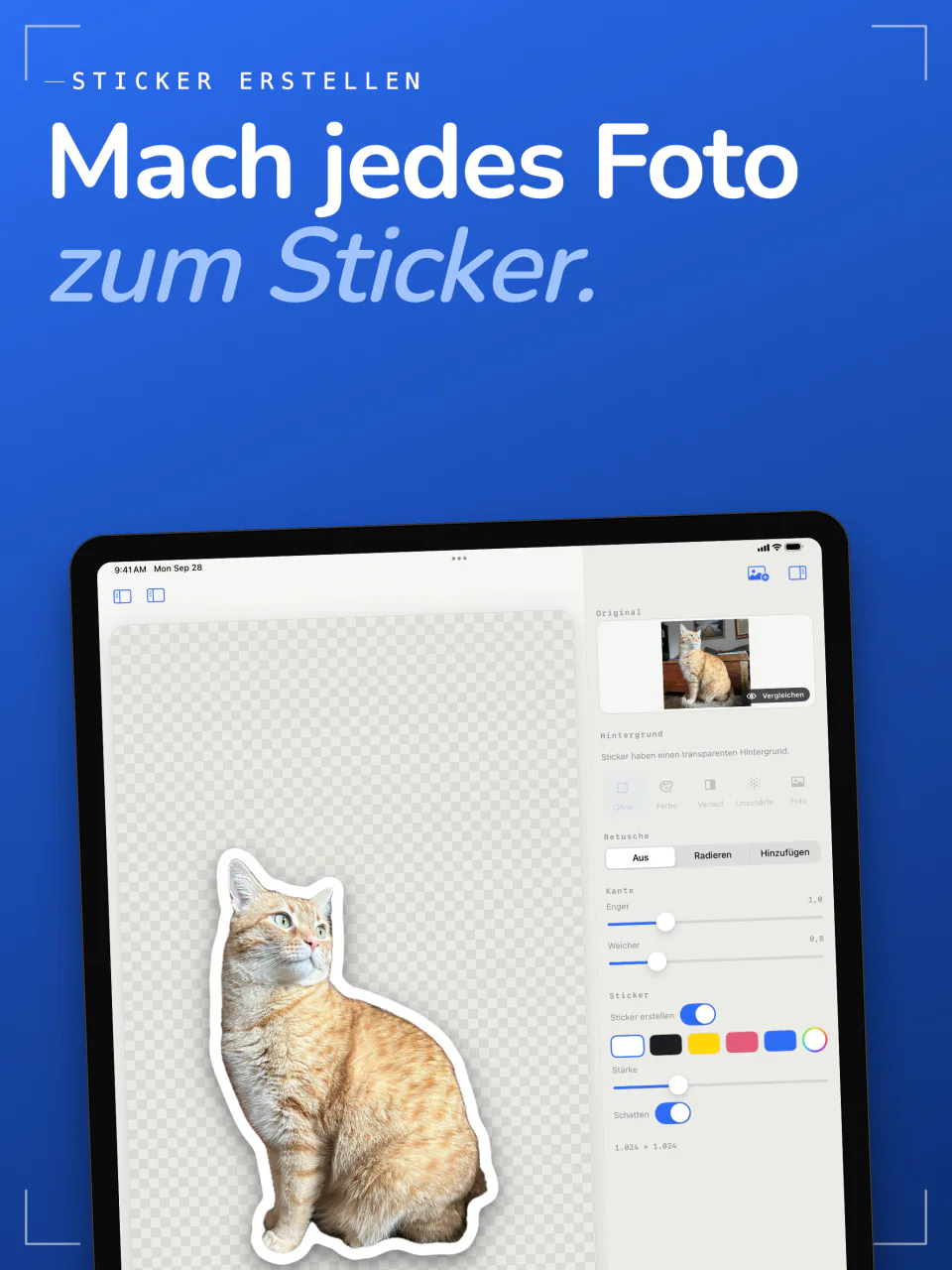 Die Stickerfunktion von Sweep auf dem iPad macht aus einer Katze einen Sticker mit weißem Umriss