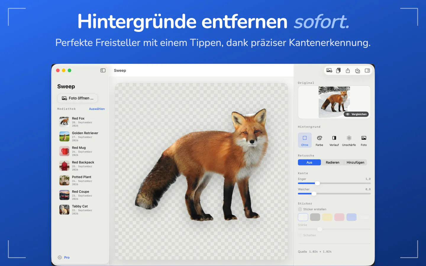 Sweep auf dem Mac zeigt einen freigestellten Fuchs auf transparentem Hintergrund, links die Mediathek, rechts die Regler