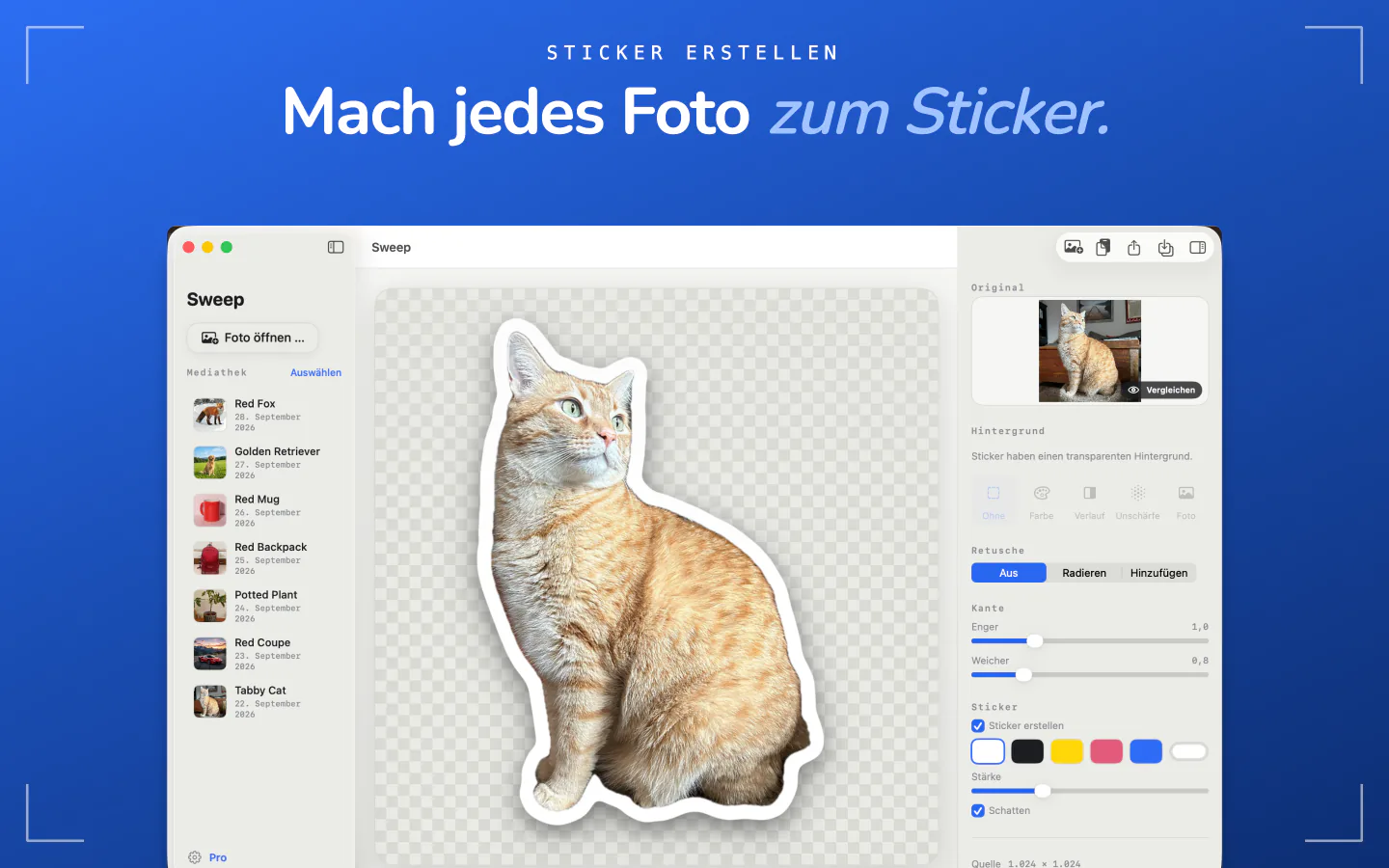 Die Stickerfunktion von Sweep auf dem Mac versieht einen Freisteller mit einem Umriss