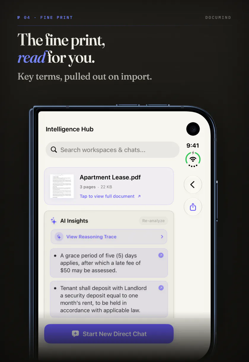 DocuMind on the iPhone Duo outer screen pulling the key terms out of an apartment lease