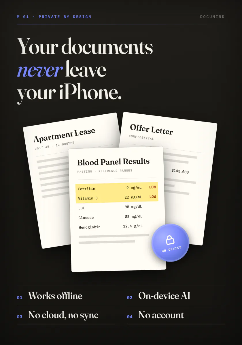 DocuMind on iPhone Duo: a lease, an offer letter and blood panel results that never leave your iPhone