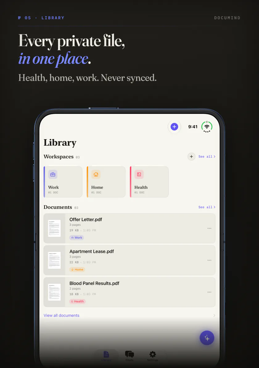 The DocuMind library on iPhone Duo with Work, Home and Health workspaces and recent documents