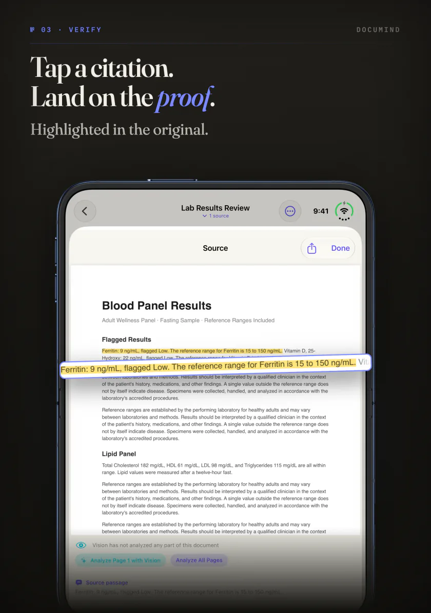 A tapped citation in DocuMind on iPhone Duo opening the original page with the quoted line highlighted