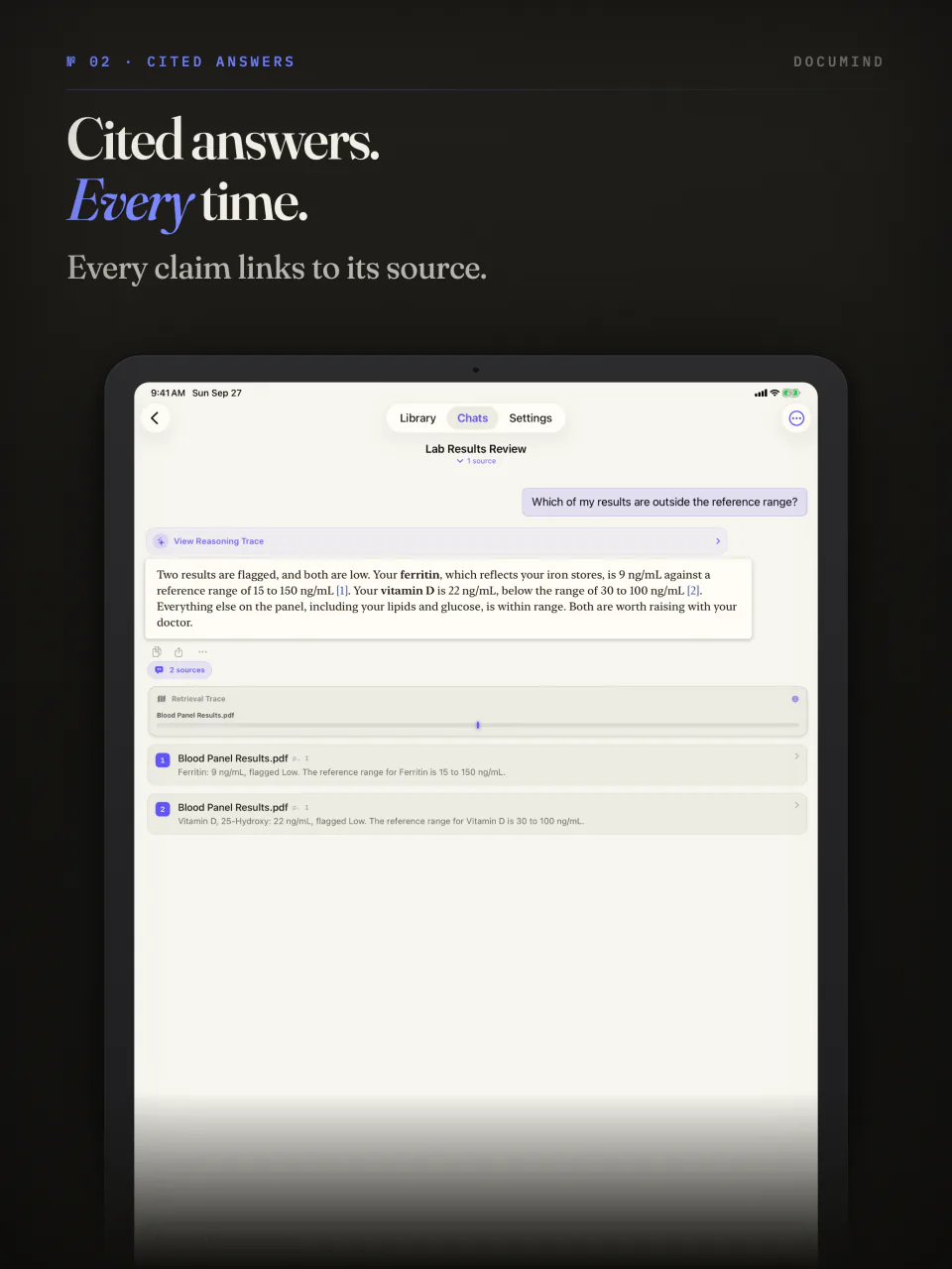 DocuMind on iPad answering a question about lab results, with every claim linked to its source